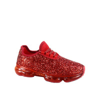 
              Women Red Glitter Stretch Elastic Mesh Lace Up Rubber Air Bubble Cushion Sneakers
            