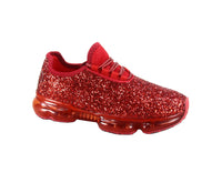 
              Women Red Glitter Stretch Elastic Mesh Lace Up Rubber Air Bubble Cushion Sneakers
            