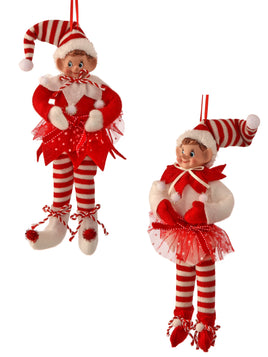 9"VELVET BENDABLE PEPPERMINT ELF ORNAMENT-SET OF 2