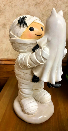 Halloween Mummy Holding Ghost Cat Figurine