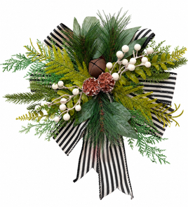 Farmhouse Christmas Greenery Swag with Black & White Striped Bow