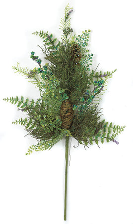 Artificial 29 Inch Mixed Green Foliage with Glitter, Berries, Fern, and Pine Cone Spray