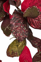 
              36" Mixed Magnolia Spray in Burgundy/Red/Green Metallic Mixed with Velvet and Sequined Leaves.
            