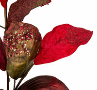 
              36" Mixed Magnolia Spray in Burgundy/Red/Green Metallic Mixed with Velvet and Sequined Leaves.
            