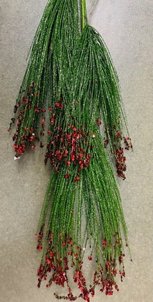 33 Inch Glittered Needle Pine Spray - Green/Red