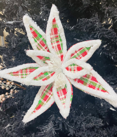 19" Plaid Poinsettia Stem- Red/Emerald/White