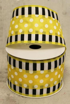 Black Stripe and Yellow with White Dots Ribbon-2.5"X5yd