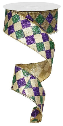 Glitter Diamond Mardi Gras Ribbon-1.5"X5yd