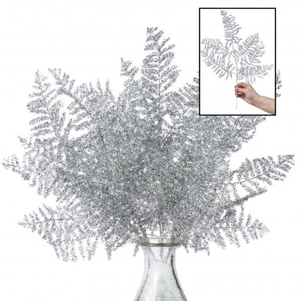 21" Silver Glitter Tinsel Fern Floral Spray