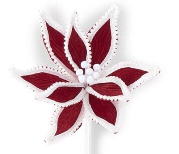 25" Poinsettia Stem- Red Velvet With White Pom Pom Trim