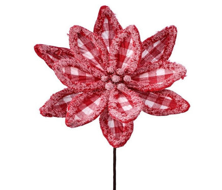 24" Frost Edge Country Check Poinsettia Stem- Red/White