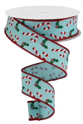 1.5"X10yd Candy Canes/Holly On Royal Ribbon