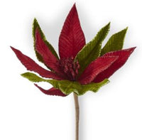 
              25" Red & Green Velvet Glittered Trimmed Poinsettia Stem
            