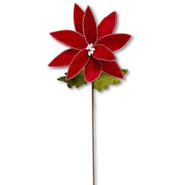 30" Red Velvet Poinsettia Stem w/Red & White Twisted Edge