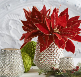 30" Red Velvet Poinsettia Stem w/Sequins Gold Trim & Center