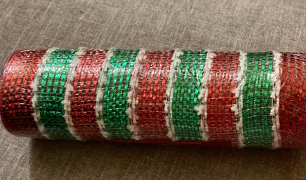 Red, Green & White Pom Pom Deco Mesh Ribbon- 10 in x 30 ft