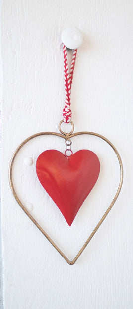 Antique Brass & Red Heart Door Hanger