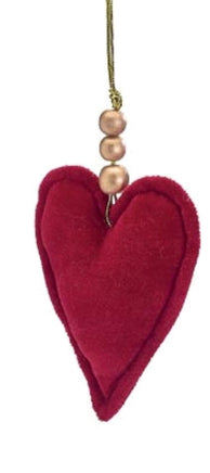 Red Velvet Heart Ornament with Gold Wood Beads