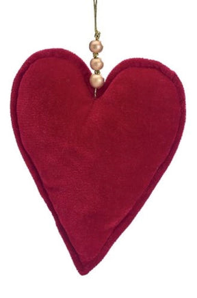 Red Velvet Heart Ornament with Gold Wood Beads