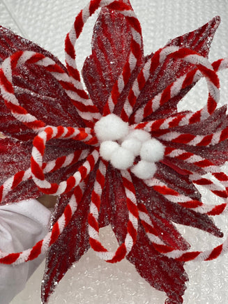 24" Snowy Glittered Red Poinsettia w/Striped Accents