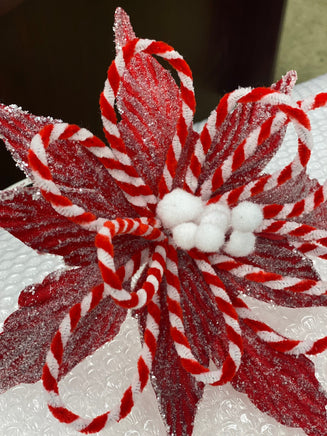 24" Snowy Glittered Red Poinsettia w/Striped Accents