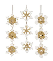 
              Set of 3-Gold and Clear Snowflake Ornaments
            