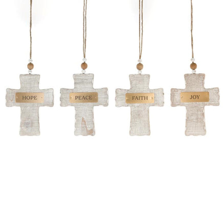 Wooden Whitewash Cross Ornaments- Set of 4