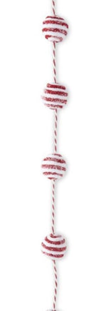 60" Glittered Snowy Red & White Yarn Striped Ball Garland