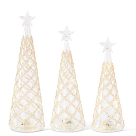 Set of 3- Clear Glass LED Trees w/Lattice Gold