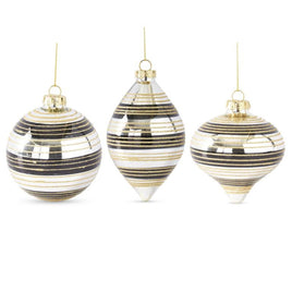 Set of 3-Mirrored Glass Ornaments w/Black & Gold Glittered Stripes