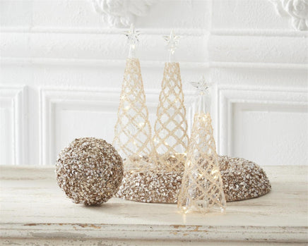 Set of 3- Clear Glass LED Trees w/Lattice Gold