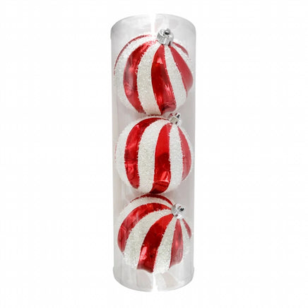 6" Glittered Red & White Swirled Shatterproof Ornaments- Set of 3