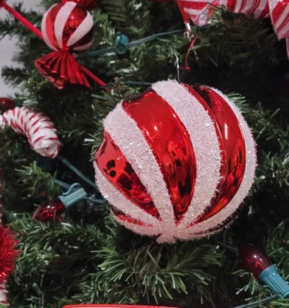 6" Glittered Red & White Swirled Shatterproof Ornaments- Set of 3