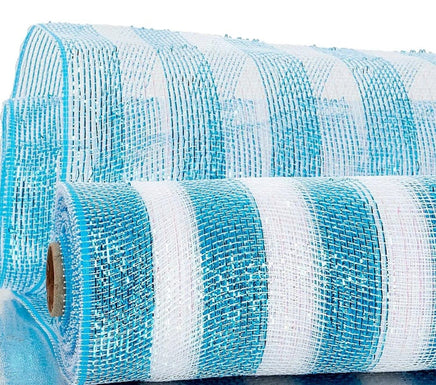 10" Turquoise and White Deco Mesh Wrap Metallic Stripes