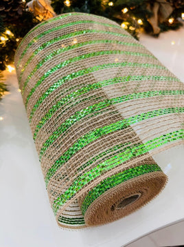 10" Green Metallic Stripes Burlap Mesh