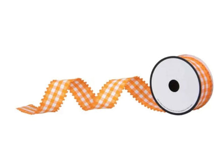 Orange Gingham Pom Pom Ribbon-1.5"X4yd