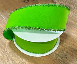 Lime Green Velvet Ribbon with Tinsel Trim- 1.5"X5yd