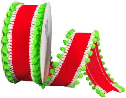 Red Velvet & Lime Ball Trim Christmas Ribbon- 1.5"X5yd