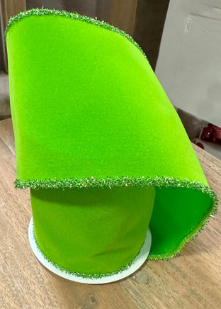 Lime Green Velvet Ribbon with Tinsel Trim- 4"X5yd