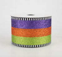 
              Glitter Stripe Ribbon with Dash Edge: Lime, Orange, Purple - 2.5"X5yd
            