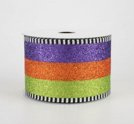 Glitter Stripe Ribbon with Dash Edge: Lime, Orange, Purple - 2.5"X5yd