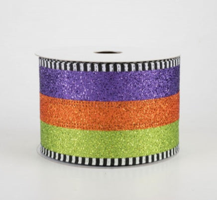 Glitter Stripe Ribbon with Dash Edge: Lime, Orange, Purple - 2.5"X5yd