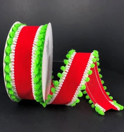 Red Velvet & Lime Ball Trim Christmas Ribbon- 1.5"X5yd