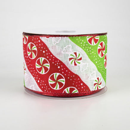 Diagonal Peppermint striped Ribbon: Red, Lime Green, and White- 2.5"X5yd