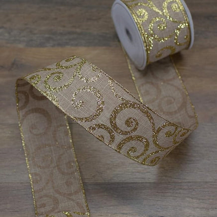 Burlap and Gold Glitter Scroll Wired Ribbon- 2.5"X5yd