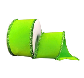 Lime Green Velvet Ribbon with Tinsel Trim- 2.5"X5yd