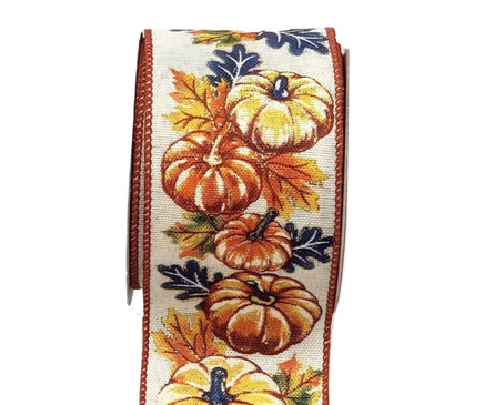 Pumpkin and Leaves Fall Wired Edge Ribbon-2.5"X5yd