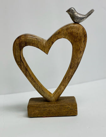 Brown Wooden Heart W/Metal Bird