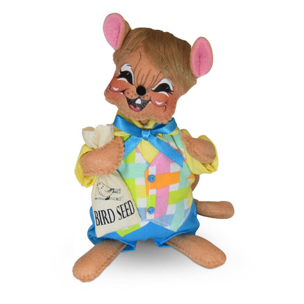 6" Mouse With Plaid Jacket Holding A Bag of Birdseed