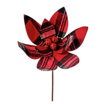 24" Velvet Plaid Jingle Bell Poinsettia Stem